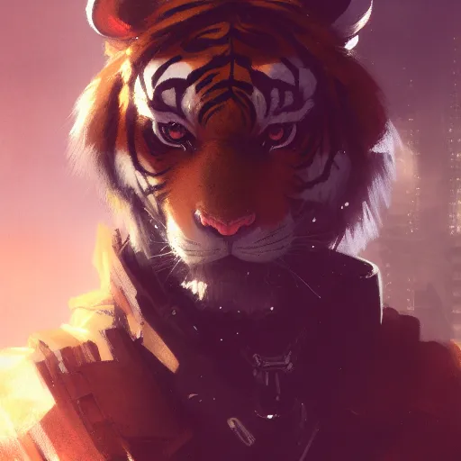 Image similar to portrait male anthro tiger dressed in military clothes character full body precis no blur, concept art, character sheet, nier automata, gaston bussiere, greg rutkowski, tsutomu nihei, cyberpunk, trending on artstation, featured on pixiv, hyper detail, cinematic composition, 8 k, detaiped face