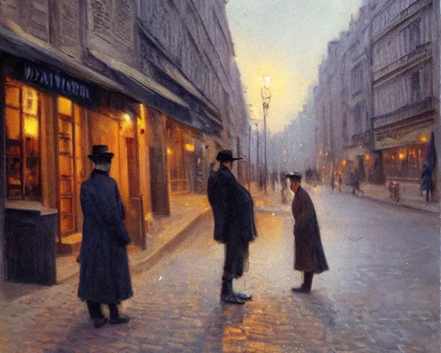 Image similar to a ragged clothed man begging on a street in early 2 0 th century paris. he has a top hat. street lights. evening. warm atmosphere. epic scene. blue vivid colours. 4 k, hyperdetailed. realism