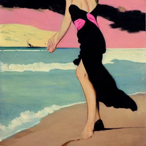 Prompt: woman, black dress in the middle of the beach, pink sea, leyendecker style