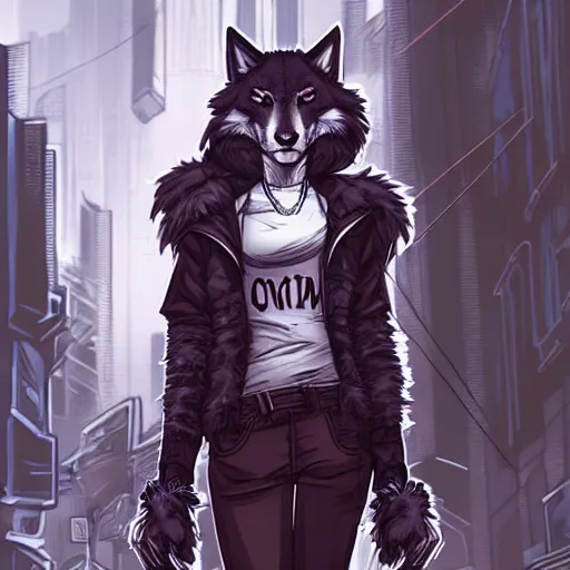 Image similar to beautiful furry art portrait commission of a furry anthro wolf fursona wearing punk clothes in the streets of a cyberpunk city. character design by charlie bowater, ross tran, rick griffin, miles df, detailed, inked, western comic book art