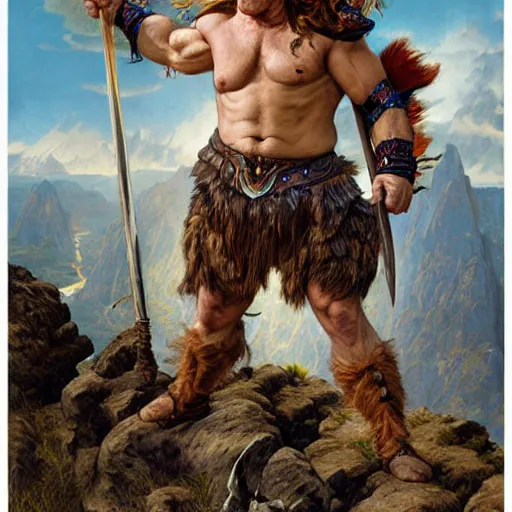 Image similar to an ultradetailed portrait of robin williams dressed as an troll barbarian, standing heroically on top of a cliff, d & d, fantasy, intricate, elegant, highly detailed, digital painting, matte, sharp focus, illustration, giant bone cleaving sword, god rays, art by john collier and albert aublet and krenz cushart and alphonse mucha