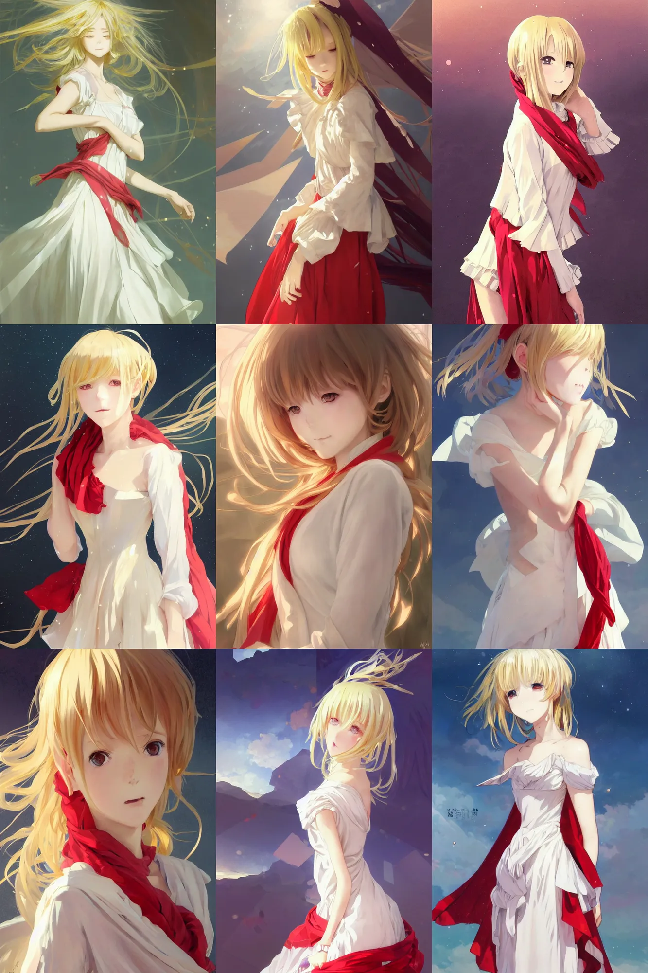 Prompt: anime girl of the future, light gold hair, splendid white 18th century dress, red scarf, triangle prisms, abstract ruffles, body portrait, slight smile, windy, highly detailed, digital painting, artstation, pixiv, concept art, sharp focus, illustration, art by WLOP and greg rutkowski and alphonse mucha and maya takamura and hitomi isono and artgerm and yanjun chen