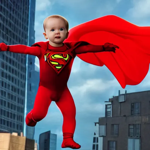 Prompt: A superhero baby flying through the city saving civilians from villains