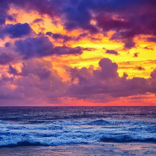 Prompt: very very very beautiful scenery from an island in the middle of the ocean on a beach front, watching the sun set while the sky has scattered clouds and is orange. waves slowly roll against the beach front. award winning photography