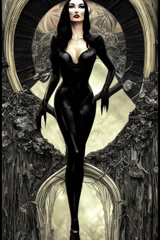 Image similar to ultra realistic illustration, a full body portrait of megan fox as morticia addams as death of the endless, the sandman, intricate, elegant, highly detailed, digital painting, artstation, concept art, smooth, sharp focus, illustration, art by artgerm and greg rutkowski and alphonse mucha