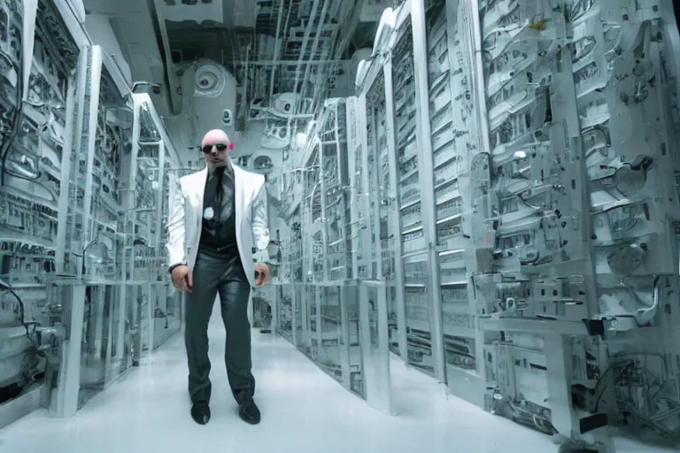 Image similar to cyborg - pitbull mr. worldwide in a marble server room, in 2 0 5 5, y 2 k cybercore, industrial low - light photography, still from a ridley scott movie