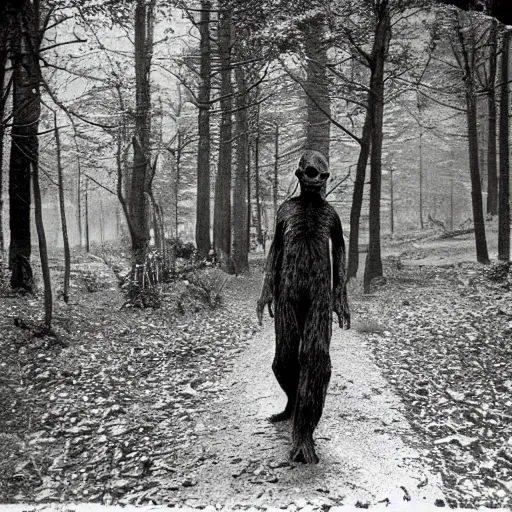 Image similar to old photograph of an alien walking through an eerie forest