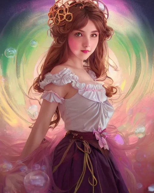 Image similar to portrait of magical lolita girl, dreamy and ethereal, expressive pose, big gold eyes, exciting expression, fantasy, intricate, elegant, many rainbow bubbles, rose tones, highly detailed, digital painting, artstation, concept art, cyberpunk wearing, smooth, sharp focus, illustration, art by artgerm and greg rutkowskiand alphonse mucha