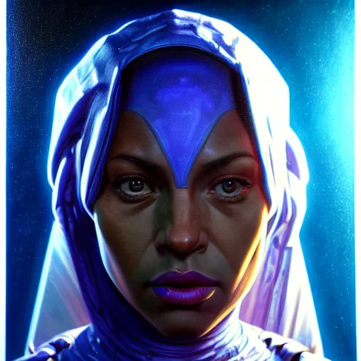 Prompt: ( ( ( ( ( hyperrealist distant portrait of tali'zorah on a blue planet where it rains colors. ) ) ) ) ) by donato giancola, fantasy, photorealistic, octane render, unreal engine, dynamic lighting, trending on artstation, poster, volumetric lighting, very detailed faces, 4 k, award winning