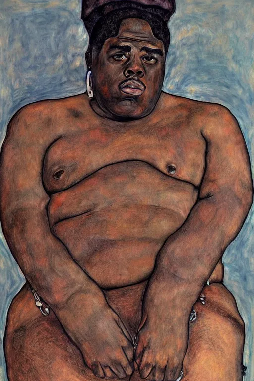 Image similar to a full body portrait of notorious b. i. g. in style of egon schiele, herakut and gustav klimt, masterpiece, hyperdetailed, complex, intricate, 4 k, trending on artstation