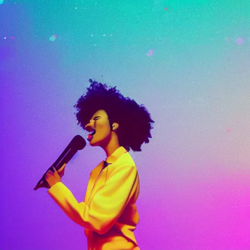 Image similar to beautiful blasian woman holding microphone and yelling, hip hop vaporwave, abstract background, neon, photo, detailed, 4k