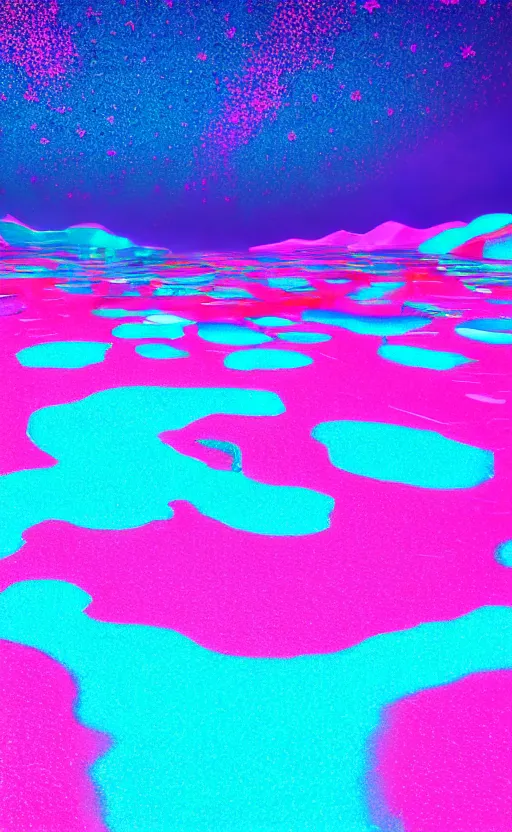 Image similar to neon pink and blue vaporwave world with glittery pools, masterpiece, 4k, digital art