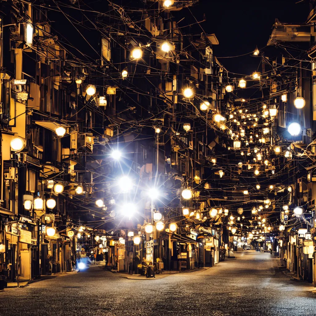 Image similar to photograph of kyoto street at night, bright street lamps, lens flare