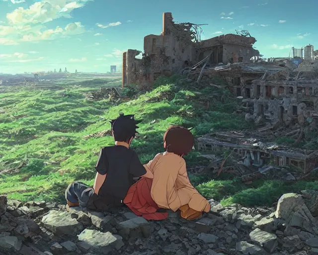 Prompt: a boy and a girl sitting on a hill overlooking the apocalyptic ruins of a city, rubble, ruins, post-apocalyptic, gloomy, end of the world, dust. By Makoto Shinkai, Stanley Artgerm Lau, WLOP, Rossdraws, James Jean, Andrei Riabovitchev, Marc Simonetti, krenz cushart, Sakimichan, D&D trending on ArtStation, digital art.