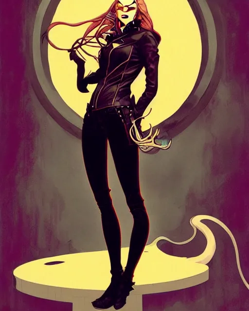 Prompt: rafael albuquerque comic art, art nouveau, peter mohrbacher, artgerm, pretty anya taylor - joy vampire sharp vampire teeth open mouth, black leather jacket, jeans, long blonde hair, full body