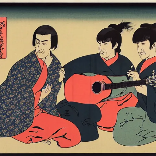 Image similar to The Beatles playing in the Budokan, Ukiyo-e art,