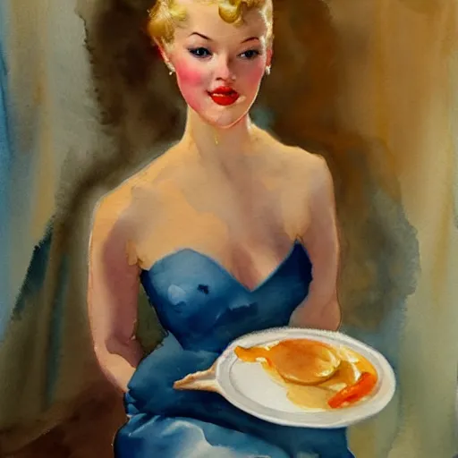Prompt: blonde woman making breakfast abstract watercolor painting by gil elvgren and vladimir volegov and picasso, artstation