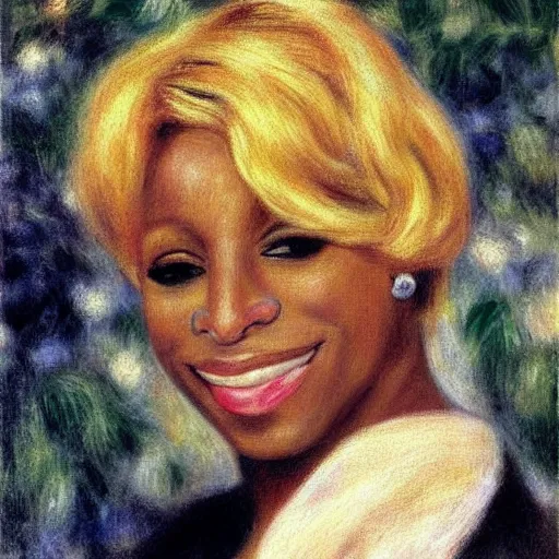 Image similar to a Renoir p;or trait of Mary j blige with blonde hair and smiling.