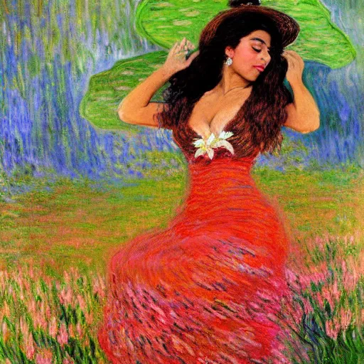 Image similar to beautiful tan mexican woman, landscape, dancing in a field of dragon lily, prominent rosy cheek bones, black hair and brown eyes, monet and da vinchi art style,