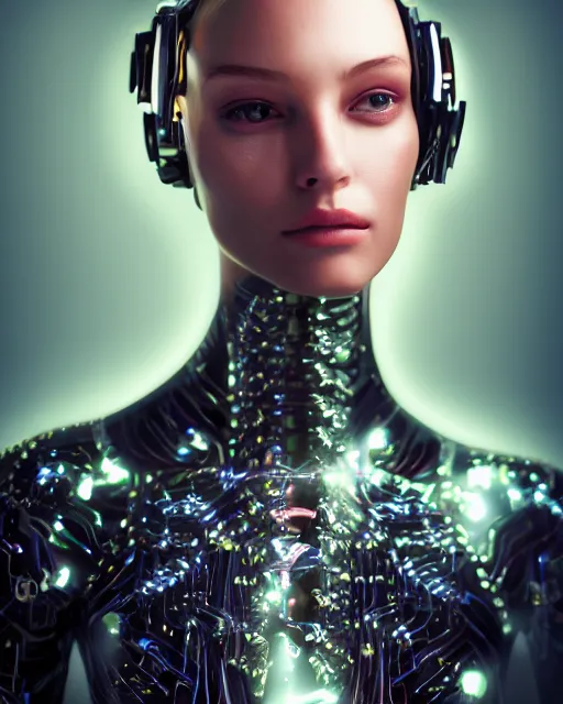 Image similar to fashion portrait, most beautiful girl in the world, glowing cybernetic augments, hyperrealism, year 2447, cdx