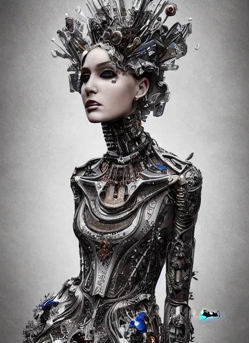 Prompt: portrait of beautiful female robot super model wearing a detailed gucci dress with a tattoo sleeve design, perfect symmetrical pose, sharp, by irakli nadar with intricate detailed wearing silver victorian dress designed by alexander mcqueen and rocky gathercole, haunting, elite, elegant, ruan jia, dark, hyper detailed, concept art, intricate, detailed