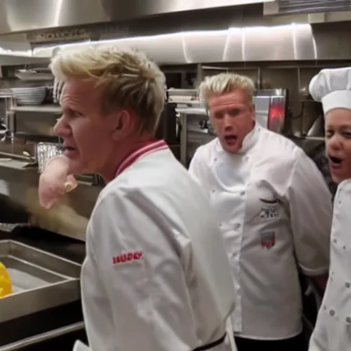 Image similar to gordon ramsay yelling at mcdonald's employees in the mcdonald's kitchen on kitchen nightmares. the employees are lined up and in their mcdonald's uniforms. 4 k broadcast