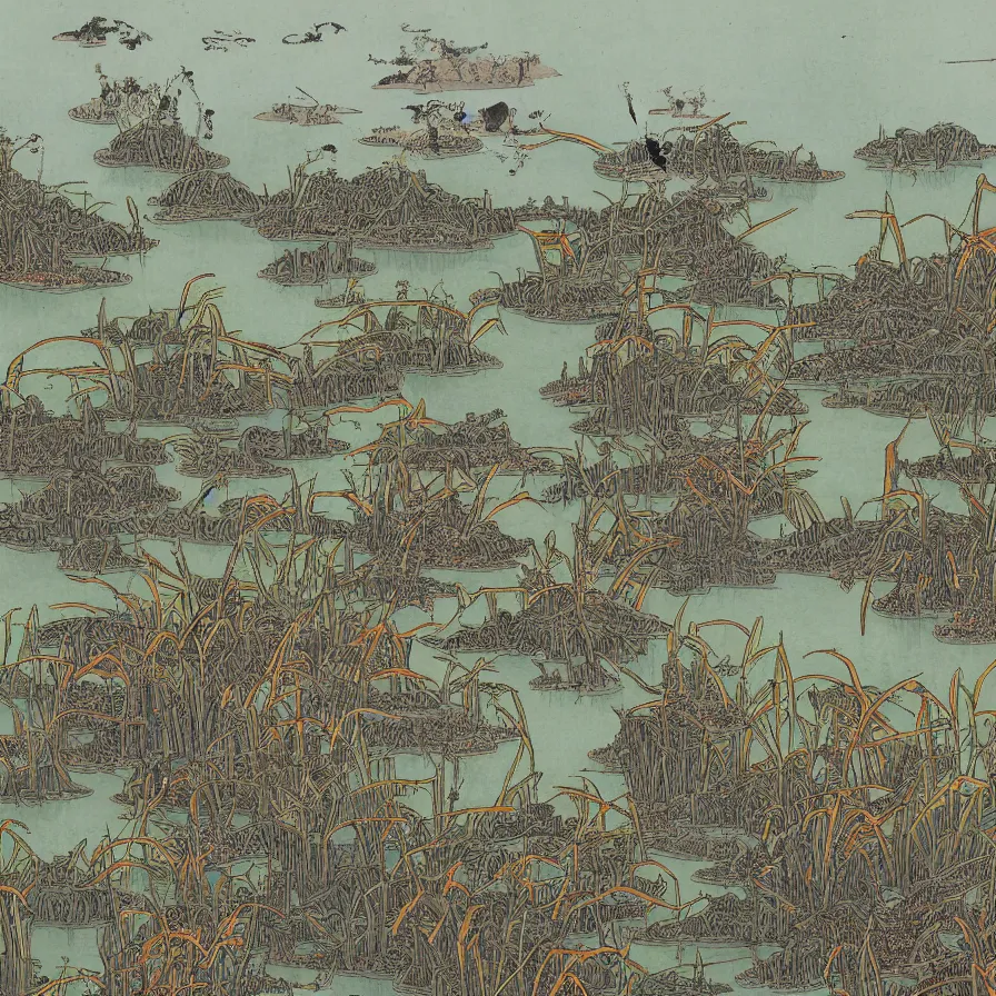 Prompt: Artwork illustrating a swamp with many withered lotus plants on the West Lake with pagodas in the background during the Tang Dynasty.