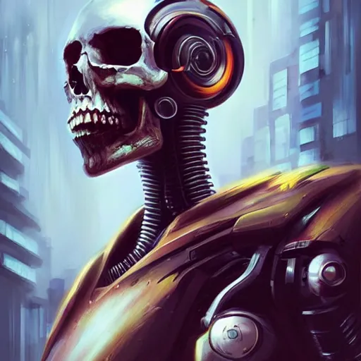 Image similar to skull - headed robot cyborg painting, illutstration, concept art, cyberpunk, futurism, comics art, artgerm, full body shot, wide angle