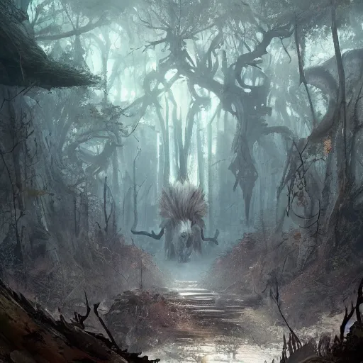 Image similar to a rat creature, in the shape of a tree, in a corrupted forest, by greg rutkowski, trending on art station, highly detailed, magic the gathering, matte painting