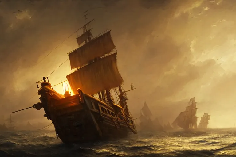 Image similar to a pirate ship, low angle, cine atic, golden hour, greg rutkowski, artstation hd, mist