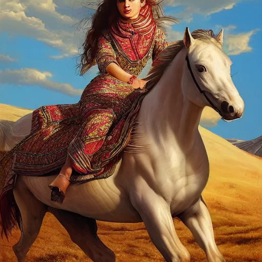 Image similar to full body shot of a beautiful young kurdish woman riding a beautiful white horse in the kurdish mountains art by martin ansin, highly detailed, 8 k, high resolution, award winning art, incredibly intricate, beautiful and symmetrical face