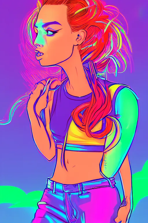 Image similar to a award winning half body portrait of a beautiful woman with stunning eyes in a croptop and cargo pants with rainbow colored ombre hairstyle head in motion and hair flying by josan gonzales, neon outlines, outrun, vaporware, shaded flat illustration, digital art, trending on artstation, highly detailed, fine detail, intricate