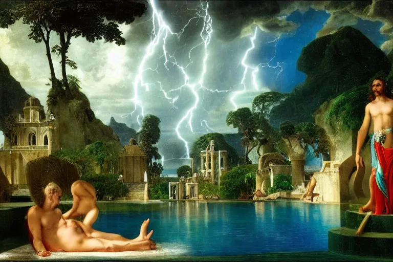 Image similar to Palace of the chalice, refracted sparkles, thunderstorm, greek pool, beach and Tropical vegetation on the background major arcana sky and occult symbols, by paul delaroche, hyperrealistic 4k uhd, award-winning, very detailed paradise