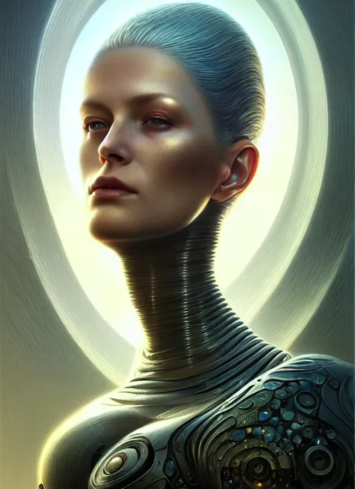 Prompt: closeup portrait shot of a female android in a scenic dystopian environment, intricate, elegant, highly detailed, centered, digital painting, artstation, concept art, smooth, sharp focus, illustration, artgerm, tomasz alen kopera, peter mohrbacher, donato giancola, joseph christian leyendecker, wlop, boris vallejo