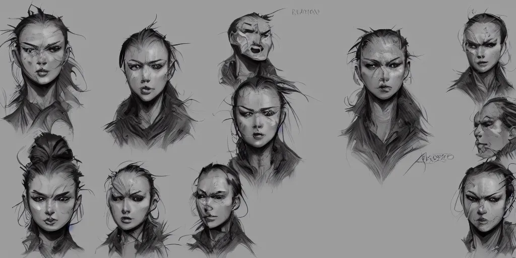 Image similar to arcane character face study, character sheet, concept design, contrast, kim jung gi, greg rutkowski, zabrocki, karlkka, jayison devadas, trending on artstation, 8 k, ultra wide angle, pincushion lens effect