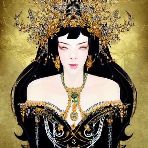 Image similar to a beautiful black haired woman with pale skin and a crown on her head sitted on an intricate metal throne, flower decoration on the background, beautiful illustration, atmosphere, top lighting, perfect composition, smooth, highly detailed, art by so - bin and yuhong ding and chengwei pan,