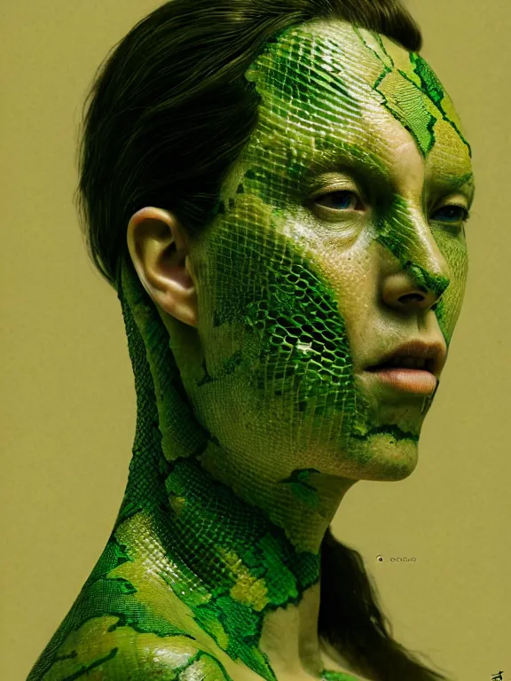 Prompt: portrait of the queen, skin peeling to reveal green! scales!, forked snake tongue sticking out, art by ryo shiotani and greg rutkowski, intricate, beautiful, portrait photography, cinematic lighting, vintage art by serge ivanoff, high resolution, very detailed