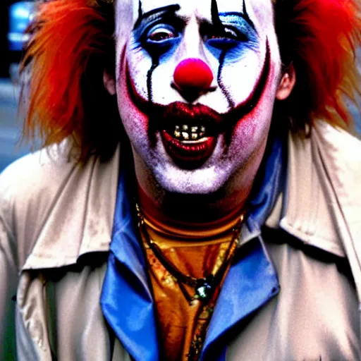 Image similar to uhd candid photo of dirty, homeless nicholas cage wearing bizarre clown makeup, ranting maniacally in the street. skid row. correct face, accurate face, exaggerated features, intricate details, intricate clown makeup, hyperdetailed, accurate face. photorealistic. photo by annie leibowitz