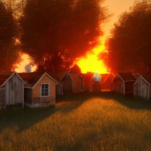 Image similar to glue houses, vaponpunk, sunset, 8k, soft light, ray tracing, wet ground