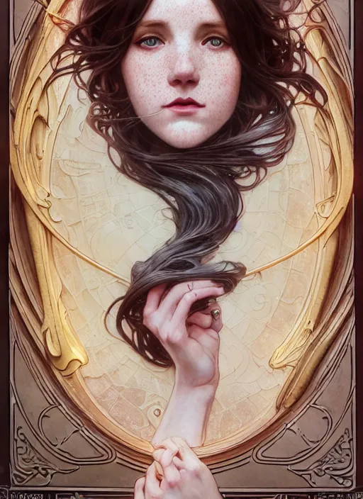 Image similar to close up portrait of wendy thomas, pale young woman with dark freckles and pigtails, big frosty swirled imagery by artgerm, cushart krenz, greg rutkowski, mucha. art nouveau. gloomhaven, golden arches logo, pale colors, sharp edges. ultra clear detailed. 8 k. elegant, intricate, octane render