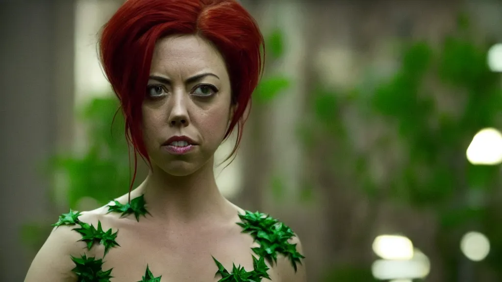 Image similar to Aubrey Plaza as Poison Ivy in The Dark Knight, only her in the shot, green skin film still from the movie, wide lens