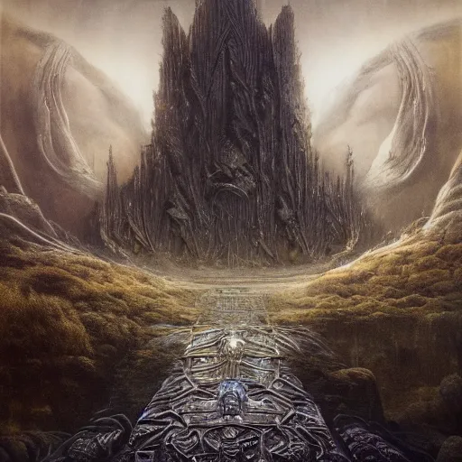 Image similar to the throne of majesty | highly detailed matte painting, hyperrealistic, very intrincate | cinematic lighting, award - winning | by rachel ruysch, giger, beksinski and bocklin | by austin osman spare and william blake, trending on artstation, cgsociety, official art, octane.