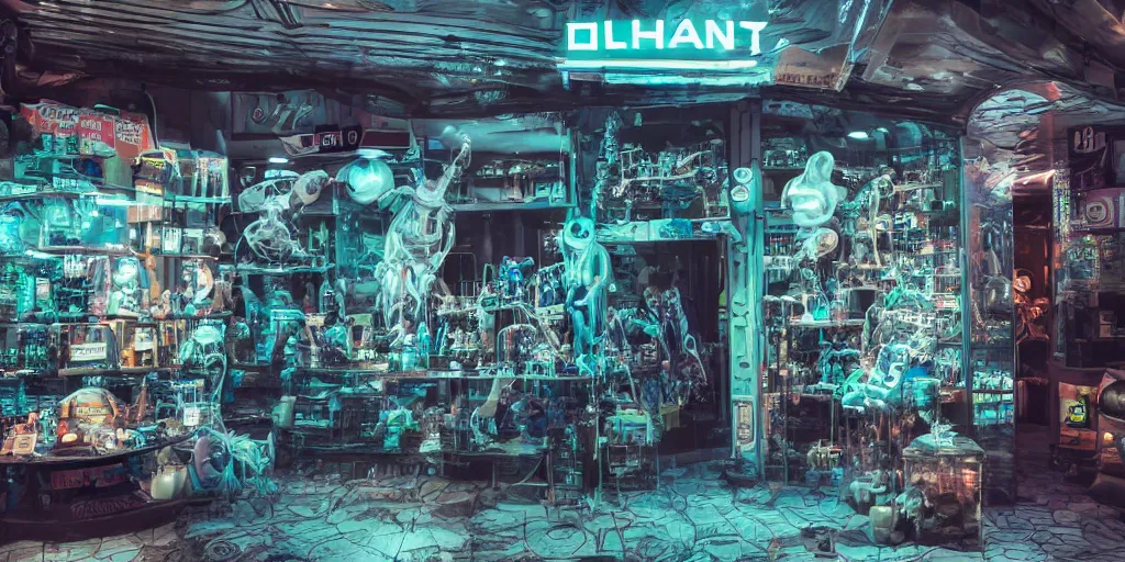 Image similar to a photo of a dirty alien shop, futuristic, holographic, 8k, sharp focus, Fujifilm