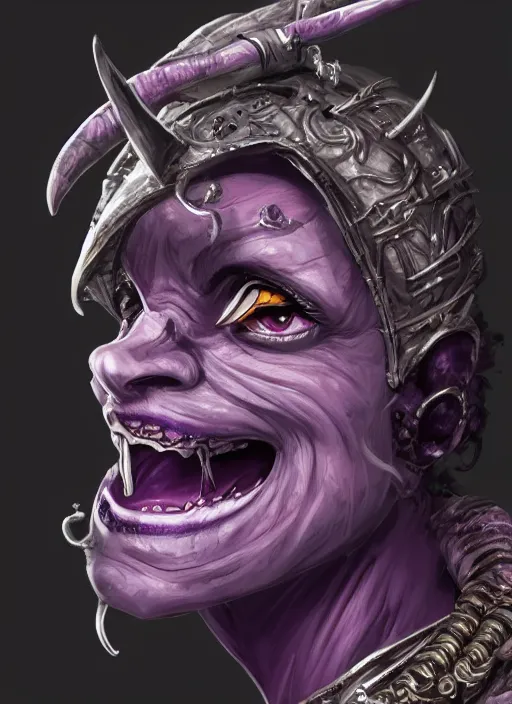 Prompt: purple skin, Tiefling Pirate, laughing, beautiful detailed eyes, cute, fantasy, intricate, elegant, highly detailed, digital painting, 4k, HDR, concept art, detailed jewelry, smooth, sharp focus, illustration, by Douglas Shuler