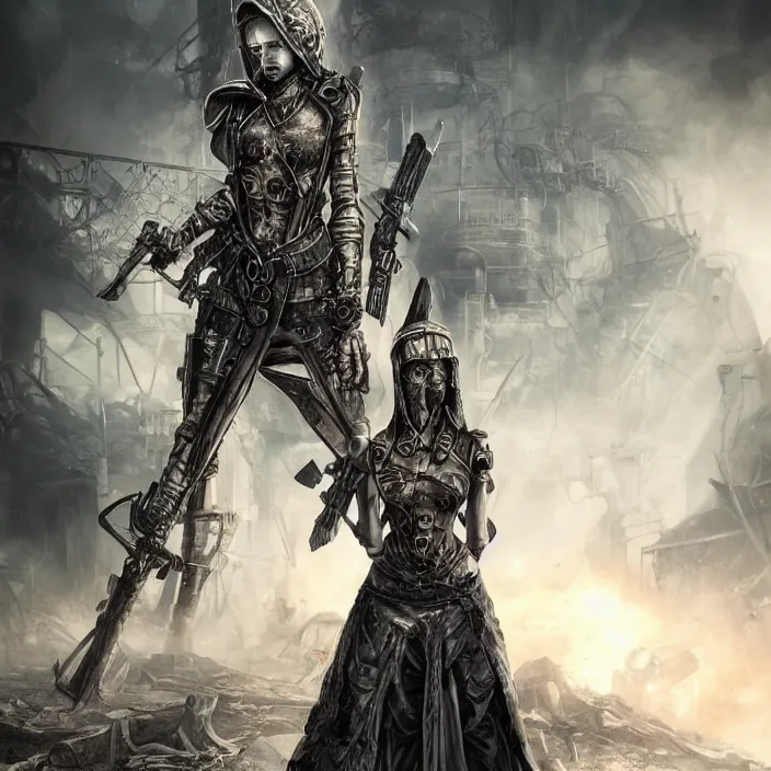 Image similar to apocalyptic woman in hood standing in hall of machinery and weaponry, hyper - detailed, smooth, sharp focus, 4 k ultra hd, fantasy dark art