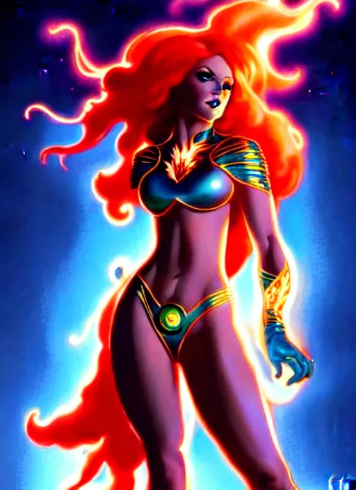 Image similar to front portrait hands behinds pose of attractive Starfire with ginger wavy hair using white gloves, hands behind her pose!, Intricate overlay flames imagery , D&D!, fantasy style, sharp focus!, ultra detailed, art by Artgerm and Peter Andrew Jones, WLUP