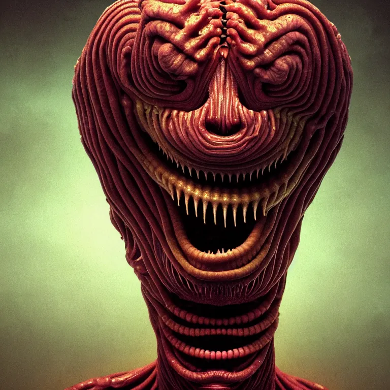 Prompt: closeup portrait of ribbed alien covered with ribs teeth muscle tissue, lucid dream - like heavy atmosphere, baroque painting, harsh flash photo, perfect composition, detailed octane render trending on artstation, 8 k artistic photography, volumetric cinematic perfect light, chiaroscuro, masterpiece, raphael, caravaggio, beksinski, rutkowski, beeple