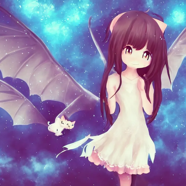 Image similar to cute, full body, female, anime style, a cat girl with fairy wings patting a small dragon, large eyes, beautiful lighting, sharp focus, simple background, creative, heart effects, filters applied, illustration