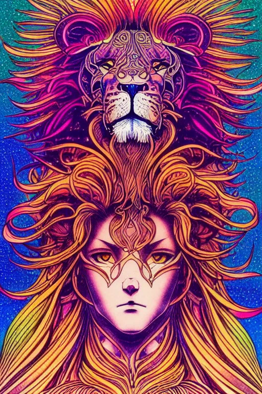 Prompt: illustration of a figure with the head of a lion, prismatic healing waves, rainbows, intricate linework, in the style of moebius, ayami kojima, 1 9 9 0's anime, retro fantasy