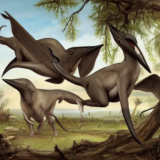 Prompt: a flock of pterodon sitting in a tree, paleo art, realistic, detailled, epic